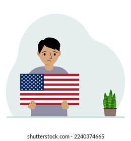 The little boy is holding a US flag. The concept of demonstration, national holiday, independence day or patriotism. Nationality. Vector flat illustration