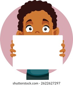 
Little Boy Holds a Blank Sign for a Presentation Vector Cartoon. Child with a white banner on which information will be presented      