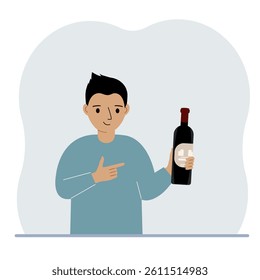 A little boy holds a bottle of wine in her hand. The concept of alcohol abuse, alcohol addiction by minors. Vector flat illustration