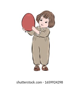 Niño con huevo de Pascua. Niño con ropa vintage. Dibujo de bienvenida con vacaciones de primavera cristianas. Ilustración vectorial de la religión. 