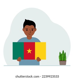 A little boy holds the flag of Cameroon in his hands. The concept of demonstration, national holiday or patriotism. Nationality. Vector flat illustration