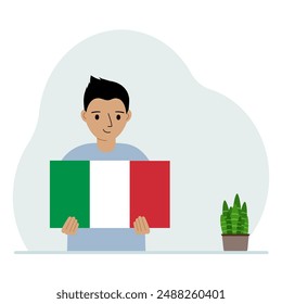 A little boy holds the flag of Italy in his hands. The concept of demonstration, national holiday or patriotism. Nationality. Vector flat illustration