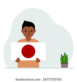 A little boy holds the flag of Japan in his hands. The concept of demonstration, national holiday or patriotism. Nationality. Vector flat illustration