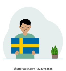 A little boy holds the flag of Sweden in his hands. The concept of demonstration, national holiday or patriotism. Nationality. Vector flat illustration