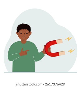 A little boy holds a huge magnet in his hand. Vector flat illustration