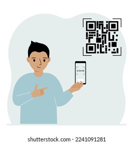 A little boy holds a mobile in his hand with the text Scan me. Next to the child QR code. Vector flat illustration