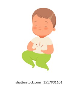 Little boy holds on to his stomach. Vector illustration on a white background.