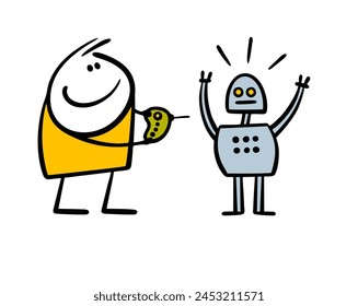 Little boy holds  remote control and controls a funny robot. Vector illustration of an unusual modern toy and new technologies.  Child  game. Isolated cartoon character on white background.