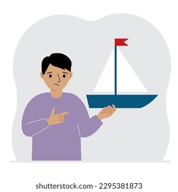 A little boy holds a sailing yacht in his hand. Concepts of freedom, hope and big plans. Hobby. Vector flat illustration