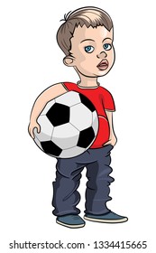 A little boy holds a soccer ball in his hands. Vector image in cartoon style isolated on white background.
