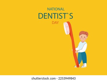 Little boy holds a toothbrush in his hands. . National dentist day horizontal banner.Vector doodle cartoon illustration.