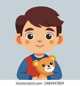 A little boy holds a toy bear in his hands. The baby smiles and hugs the toy. Vector illustration. Design element on a children's theme