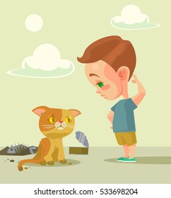 Little boy and homeless cat. Vector flat cartoon illustration
