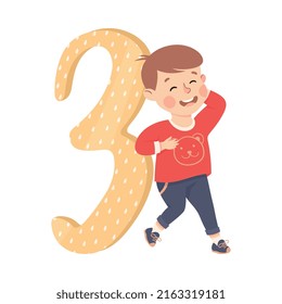 Little Boy with Huge Number Three or Numeral Learning Basic Counting Vector Illustration