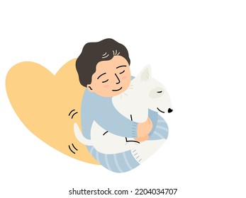 A little boy is hugging dog, Kid love dog vector. Design for hug day concept, flat vector illustration.