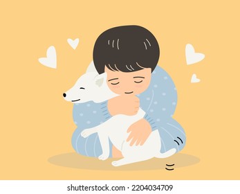 A little boy is hugging dog, Kid love dog vector. Design for hug day concept, flat vector illustration.