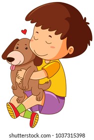 Little boy hugging pet dog illustration