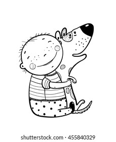 Little Boy Hugs Dog Best Happy Friends Outline. Child happiness smiling with friend animal pet. Coloring book, black and white illustration, vector cartoon.