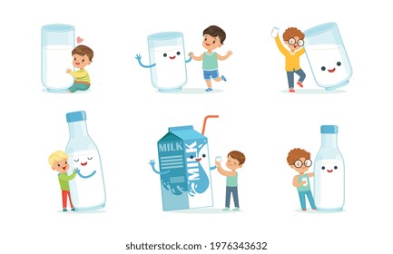 Little Boy and Humanized Milk in Glass and Carton Vector Set