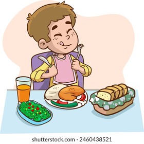 Little boy hungry happy to eat Vector illustration