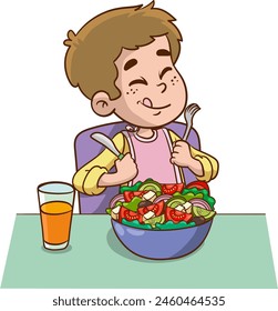 Little boy hungry happy to eat Vector illustration