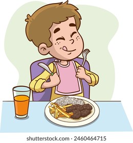 Little boy hungry happy to eat Vector illustration