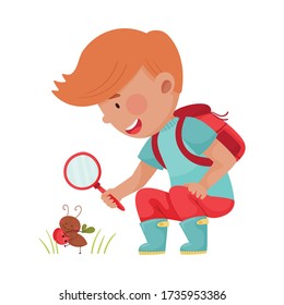 Little Boy Hunkering Down with Magnifying Glass Exploring Ant Crawling on the Ground Vector Illustration