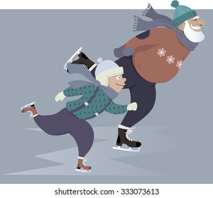 Patinaje sobre hielo con su abuelo, ilustración vectorial EPS 8, sin transparencias