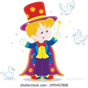 Little boy illusionist with a mysterious hat and a magic wand, conjuring tricks with white birds in a circus performance, vector cartoon illustration isolated on a white background