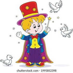 Little boy illusionist with a mysterious hat and a magic wand, conjuring tricks with white birds in a circus performance, vector cartoon illustration isolated on a white background