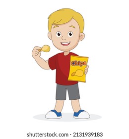 Little boy Illustration Eating Potato Chips