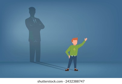 Little boy imagine that he will be successful in the future and illustrating himself as a big shadow of businessman 