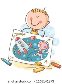 Little boy imagining himself an astronaut with a rocket in space, cartoon vector drawing