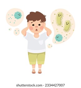 Little Boy Imagining Virus and Bacteria in Bubble Having Fantasy Vector Illustration