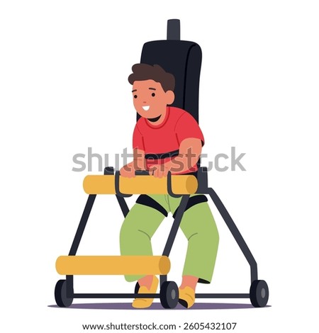 Little boy inclusive child with underdevelopment or deformation of musculoskeletal system caused by poliomyelitis infantile paralysis. Children inclusion and physical disability vector illustration