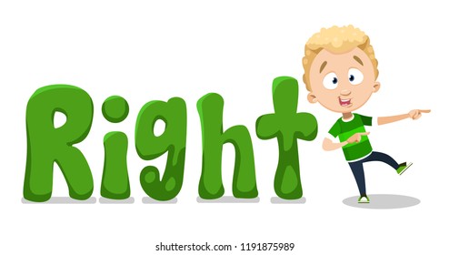 Little boy with index finger pointing to right. Preschool pupils learning elementary English words. Kid with pointing gesture standing near big letters. Primary school education vector illustration.