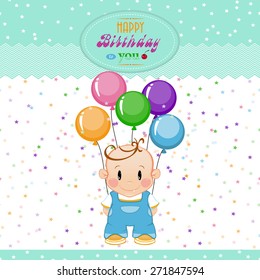 A little boy with inflatable balls and stars. The birthday child