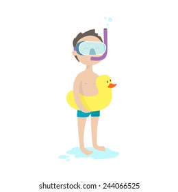 Little boy with inflatable duck and snorkelling for swimming