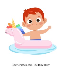 Little boy with inflatable ring flat vector illustration. Happy cartoon child with rubber ring swimming. Summer activities, vacation concept