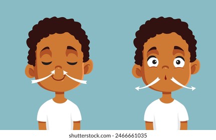 
Pequeño niño inhalando y exhalando ilustración de dibujos animados de Vector. Paciente de asma sano que respira normalmente con calma
