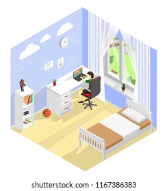 Little boy in isometric children room. Vector illustration.