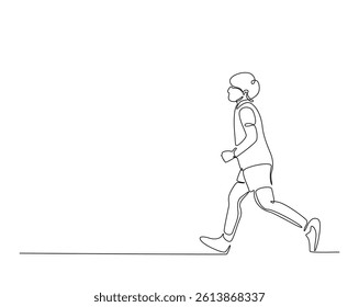 Little boy jogging outline drawing illustration. one continuous line drawing of happy little boy walking.