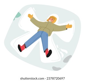 Little Boy Joyfully Flops Into Freshly Fallen Snow, His Arms And Legs Moving In Unison As He Makes Adorable Snow Angels, Leaving Imprints Of Innocence And Winter Wonder. Cartoon Vector Illustration