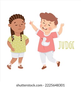 Little Boy Judging and Bullying Agemate Demonstrating Vocabulary and Verb Studying Vector Illustration