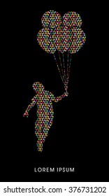 Little Boy jumping with balloons designed using colorful mosaic pattern graphic vector.