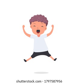 The little boy is jumping. Cheerful schoolboy jumping. Suitable for school or vacation design. Isolated. Vector.