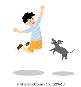 Little boy jumping and happy joyful with the dog together isolated on background. Vector illustration in cartoon character flat style.