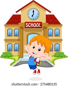 Little boy  jumping for joy on school grounds