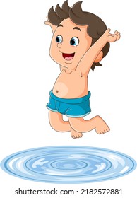 The little boy is jumping to the pond with the attraction of illustration