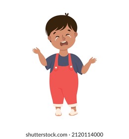 Little Boy in Jumpsuit Standing and Crying Feeling Sad Vector Illustration